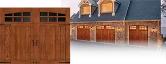 Clopay CANYON RIDGE® Collection: A faux wood carriage house door with arched windows, beside a stone house with three matching doors.
