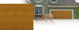 Clopay CYPRESS Collection: A flush door in a stained wood-look finish, beside a green house with a matching double door.