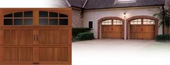 Clopay RESERVE® Collection, Semi-Custom Series: A wood carriage house door with arched windows, beside a house with two matching arched doors.